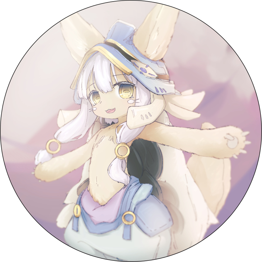1other :3 absurdres blue_headwear blue_pants brown_background brown_fur commentary_request ears_through_headwear furry grey_hair gumi_(guminghc) hair_between_eyes helmet highres horizontal_pupils looking_at_viewer made_in_abyss multiple_sources nanachi_(made_in_abyss) open_mouth other_focus outstretched_arms pants puffy_pants round_image short_hair_with_long_locks sideways_glance solo spread_arms tail topless whiskers yellow_eyes