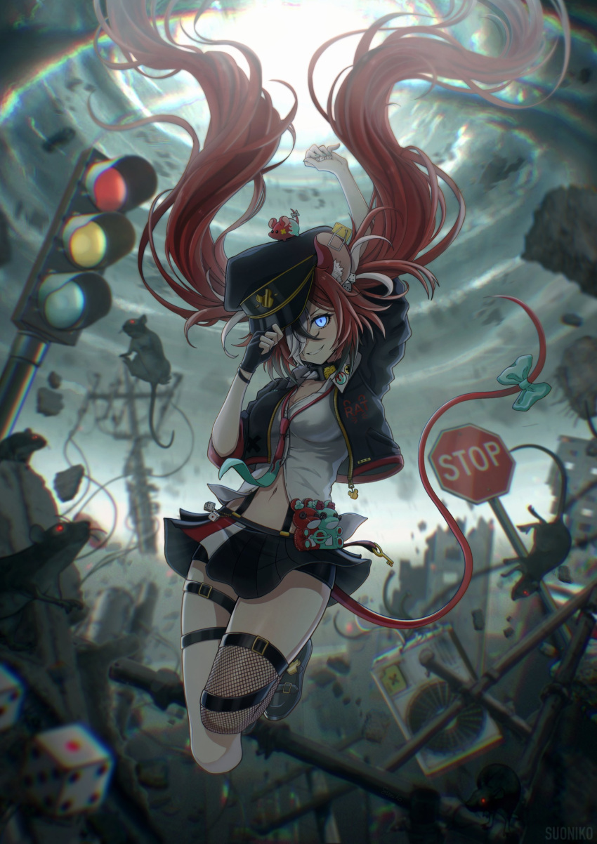 1girl absurdres animal_ears black_jacket blue_eyes bow dice fishnet_legwear fishnets glowing glowing_eye grey_sky hair_over_one_eye hakos_baelz hat highres hololive hololive_english jacket long_hair military_hat miniskirt mouse mouse_ears mouse_tail mr._squeaks_(hakos_baelz) navel necktie redhead road_sign ruins sign single_thighhigh skirt smile stop_sign suoniko suspender_skirt suspenders tail tail_bow tail_ornament thigh-highs thigh_strap traffic_light twintails utility_pole very_long_hair virtual_youtuber
