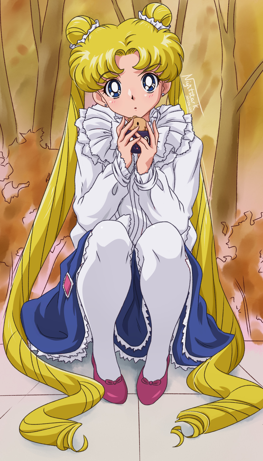 1girl absurdres autumn bishoujo_senshi_sailor_moon blonde_hair blue_eyes blue_skirt double_bun dress_shirt earrings hair_bun hair_intakes hair_ornament high_heels highres holding jewelry long_hair long_sleeves looking_at_viewer nightstark outdoors pantyhose parted_lips pumps red_footwear shiny shiny_hair shirt sitting skirt solo tsukino_usagi twintails very_long_hair white_pantyhose white_shirt