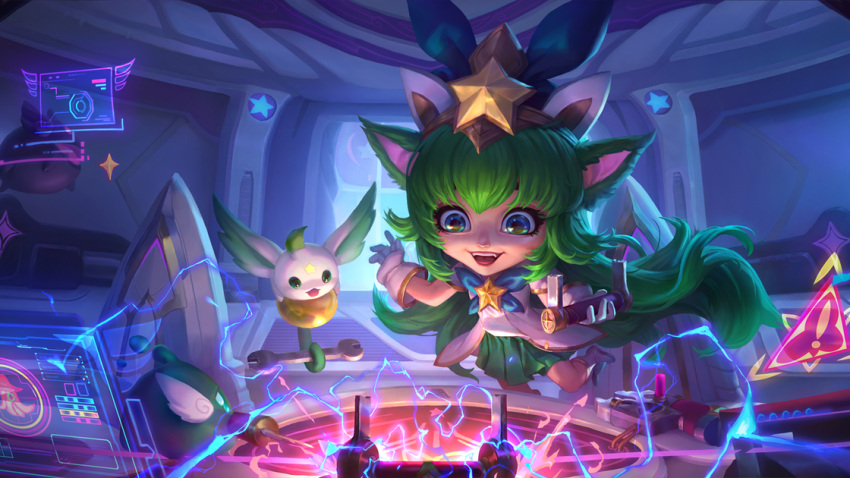 1girl artist_request bangs bow bowtie broken energy gloves green_bow green_bowtie green_eyes green_hair green_skirt hair_ornament holding holding_with_tail holding_wrench legends_of_runeterra little_legend long_hair lulu_(league_of_legends) miniskirt pleated_skirt pointy_ears prehensile_tail shirt skirt smile spacecraft_interior star_(symbol) star_guardian_(league_of_legends) star_guardian_lulu tail tears teeth tongue tongue_out upper_teeth white_footwear white_gloves white_shirt wrench yordle