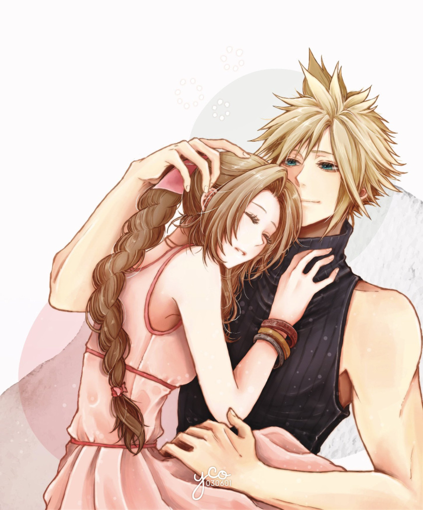 1boy 1girl aerith_gainsborough bangle bangs bare_arms blonde_hair blue_eyes blue_shirt bracelet braid braided_ponytail breasts brown_hair choker closed_eyes cloud_strife couple dress final_fantasy final_fantasy_vii final_fantasy_vii_remake hair_between_eyes hair_ribbon hand_on_another's_chest hand_on_another's_head hetero highres jewelry long_dress long_hair looking_at_another medium_breasts muscular muscular_male parted_bangs parted_lips pink_dress ribbon shirt short_hair sidelocks sleeping sleeveless sleeveless_turtleneck smile spiky_hair turtleneck upper_body wavy_hair white_background yco_030601