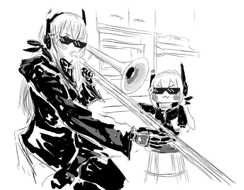 2girls :3 bangs black_jacket blush blush_stickers chair chibi chika_(keiin) commentary_request deal_with_it girls_frontline greyscale hair_between_eyes headgear holding holding_instrument indoors instrument jacket kitchen long_hair long_sleeves m4_sopmod_ii_(girls'_frontline) m4_sopmod_ii_jr meme monochrome multiple_girls parody sitting standing_on_chair sunglasses when_mama_isn't_home_(meme)