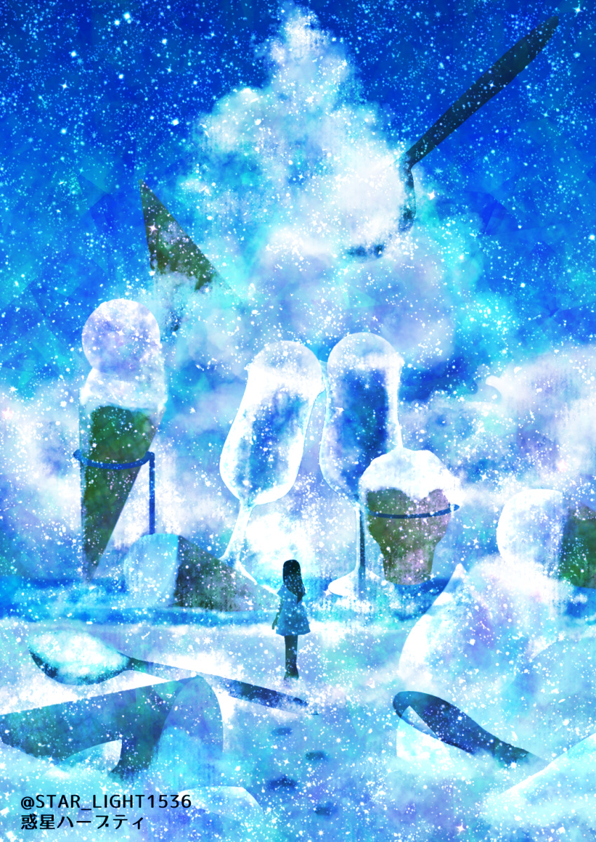 1girl artist_name black_hair clouds cloudy_sky cumulonimbus_cloud day dessert dress fantasy food glass highres ice_cream jacket long_hair original outdoors pants scenery signature sky snow snowflakes solo sparkle spoon twitter_username wakusei_habuti