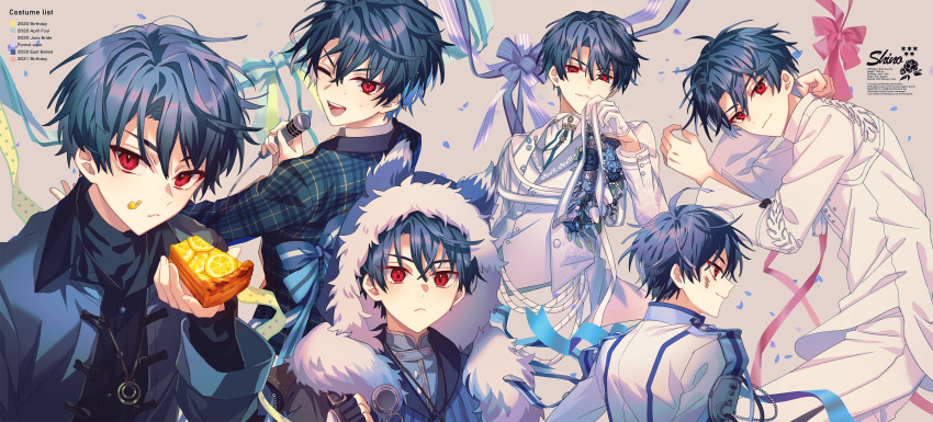 1boy absurdres black_hair blush closed_mouth cosplay costume_switch frown highres long_sleeves looking_at_viewer looking_to_the_side mahoutsukai_no_yakusoku male_focus naruta_iyo one_eye_closed open_mouth red_eyes shino_sherwood short_hair smile solo