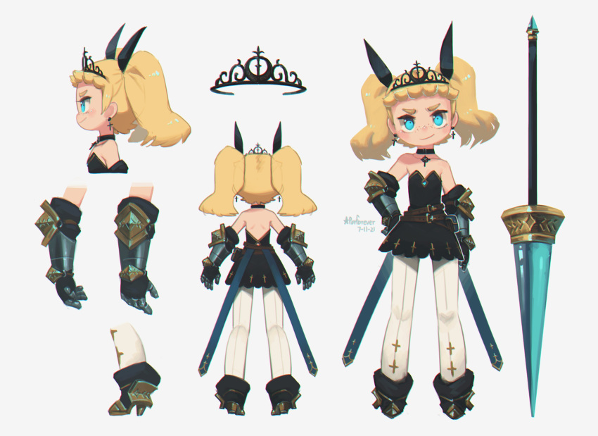 1girl arms_at_sides blonde_hair blue_eyes choker circlet cressey_(porforever) cross cross_earrings earrings english_commentary fantasy freckles from_behind from_side full_body gauntlets highres jewelry lance multiple_views original polearm porforever reference_sheet signature weapon