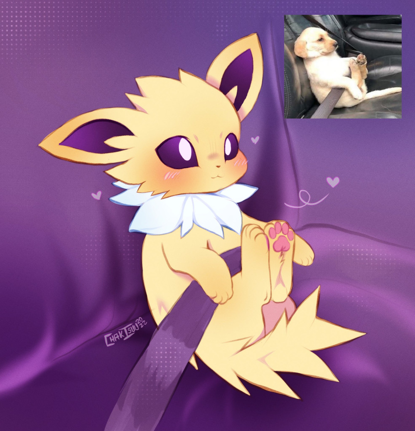 :3 animal_focus artist_name blush chakisuu closed_mouth colored_sclera commentary dated english_commentary full_body fur_collar happy heart highres jolteon legs_up looking_up no_humans pawpads photo-referenced pokemon pokemon_(creature) purple_background purple_sclera reference_inset seatbelt signature sitting smile solo white_eyes