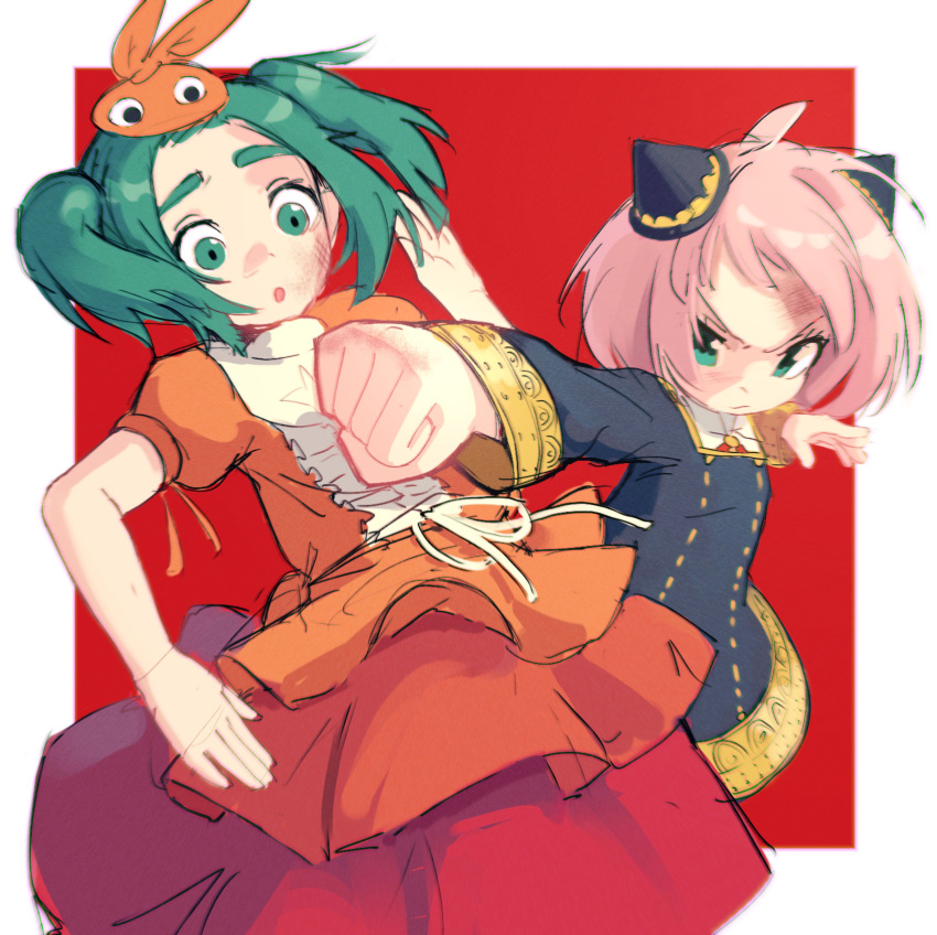 2girls :o absurdres anya_(spy_x_family) bangs black_dress border center_frills clenched_hand closed_mouth crossover dress eden_academy_uniform frilled_dress frills green_eyes green_hair hair_ornament highres jean_bomjan long_sleeves medium_hair monogatari_(series) multiple_girls ononoki_yotsugi open_hand open_mouth orange_dress pink_hair puffy_short_sleeves puffy_sleeves punching red_background school_uniform serious short_sleeves short_twintails sidelocks simple_background sketch spy_x_family surprised thick_eyebrows turtleneck twintails v-shaped_eyebrows white_border wide-eyed