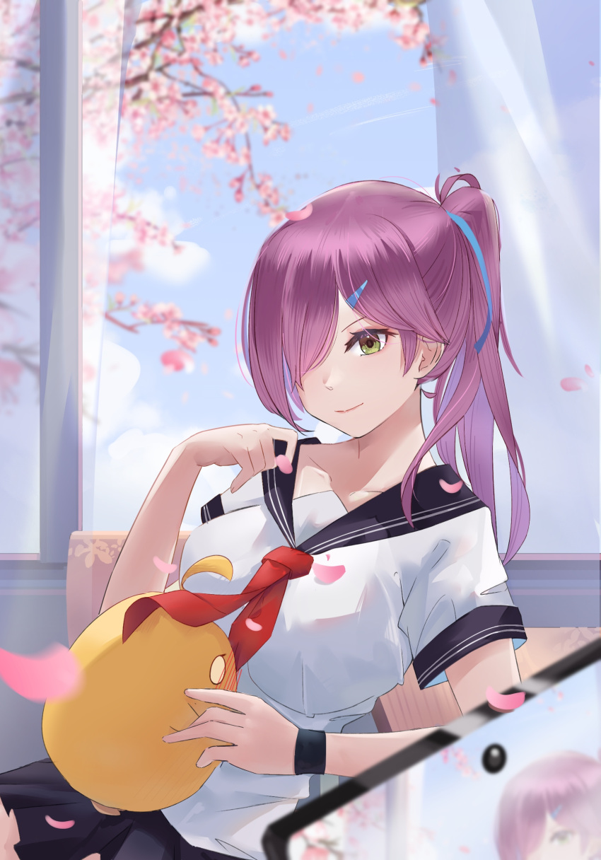 1girl absurdres azur_lane black_sailor_collar black_skirt blue_ribbon blue_sailor_collar blush breasts cherry_blossoms classroom fanchexingxianyu green_eyes hair_over_one_eye hair_ribbon high_ponytail highres indoors large_breasts light_smile long_hair looking_at_viewer manjuu_(azur_lane) miniskirt neckerchief official_alternate_costume pleated_skirt ponytail purple_hair red_neckerchief ribbon sailor_collar school_uniform shirt short_sleeves sitting skirt solo trieste_(azur_lane) trieste_(rooftop_lunch_break)_(azur_lane) white_shirt