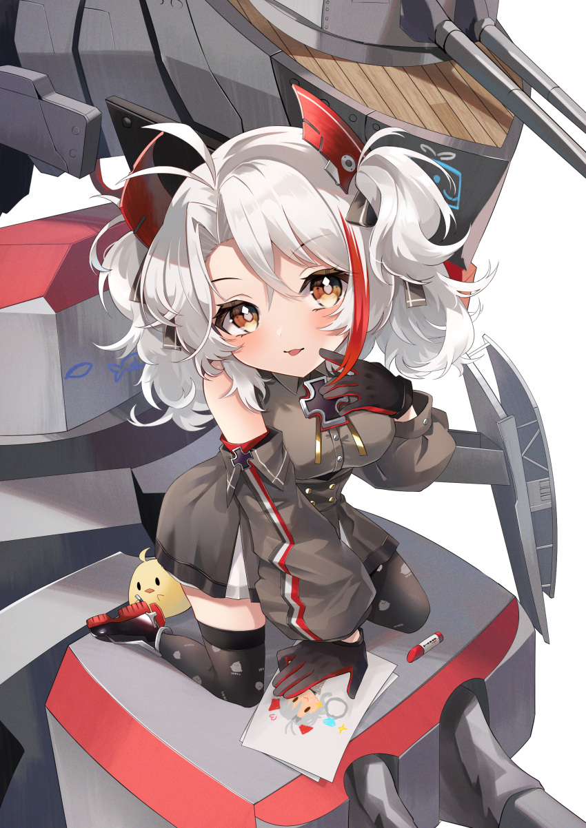 1girl absurdres antenna_hair artillery azur_lane black_dress black_gloves black_thighhighs breasts child_drawing crayon cross dress full_body gloves hair_between_eyes highres iron_cross jewelry kneeling large_breasts little_prinz_eugen_(azur_lane) long_hair looking_at_viewer manjuu_(azur_lane) multicolored_hair oppai_loli picture_(object) red_gloves redhead rigging ring short_dress solo streaked_hair thigh-highs turret two-tone_gloves two-tone_hair wedding_ring white_hair yamaha_tsui yellow_eyes zettai_ryouiki