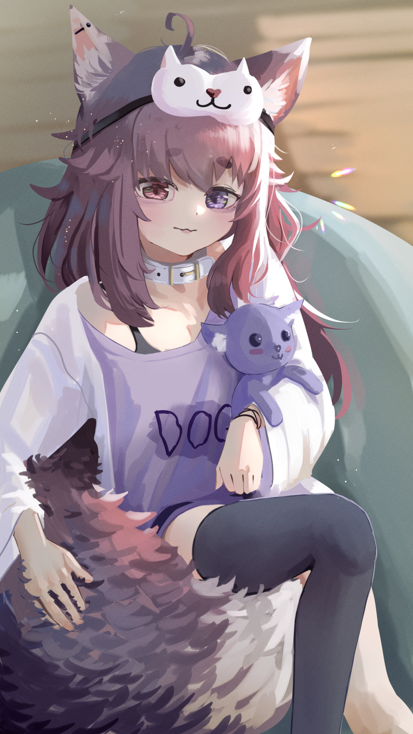 1girl absurdres ahoge animal_ear_fluff animal_ears bangs belt_collar bra_strap brown_hair brown_tail choker collar commission commissioner_upload ear_piercing flat_chest hair_ornament heterochromia highres hug indie_virtual_youtuber long_shirt mask mask_on_head medium_hair object_hug pajamas petite piercing purple_shirt robe shirt skeb_commission smug solo tail thigh-highs tlombard2000 virtual_youtuber wolf_ears wolf_girl wolf_tail zettai_ryouiki