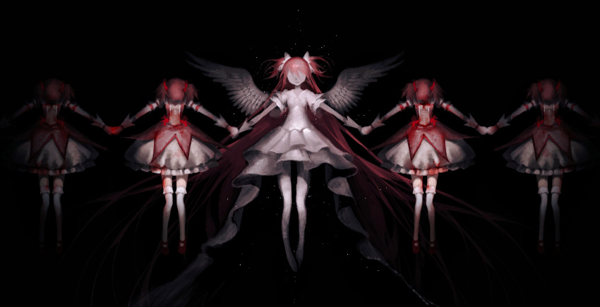 5girls absurdres bangs black_background black_footwear blood blood_on_clothes bow bubble_skirt chinese_commentary clone commentary_request dress facing_viewer feathered_wings floating full_body gloves goddess_madoka hair_bow head_down highres holding_hands horror_(theme) huxiaobai528 kaname_madoka light_particles long_hair mahou_shoujo_madoka_magica mary_janes multiple_girls multiple_persona no_eyes painterly pink_dress pink_hair shoes short_hair short_sleeves short_twintails simple_background skirt smile spread_wings straight-on thigh-highs twintails two_side_up very_long_hair white_dress white_gloves white_thighhighs wings