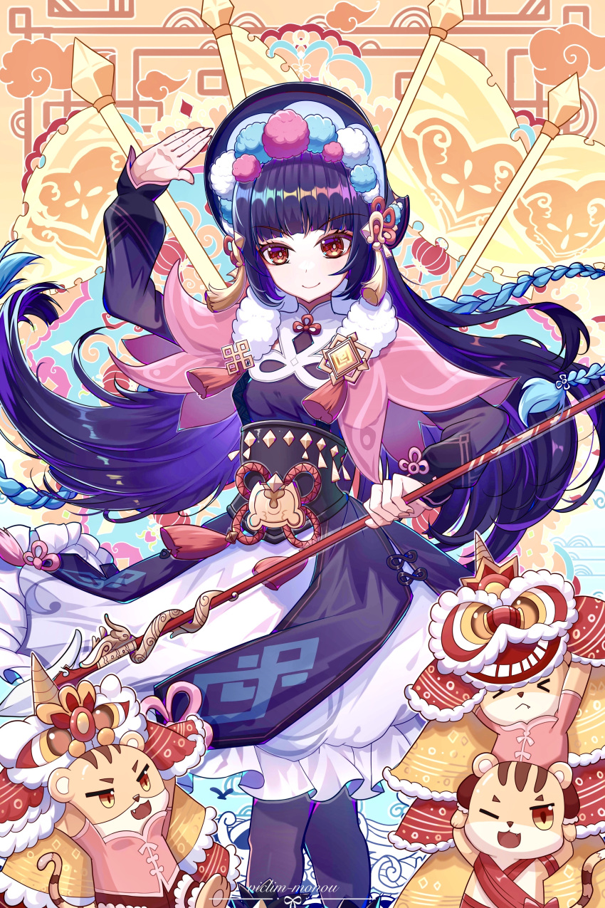 1girl absurdres bangs black_hair blunt_bangs capelet commentary_request eyeshadow flag genshin_impact hair_ornament hairband highres holding holding_polearm holding_weapon lolita_hairband long_hair long_sleeves looking_at_viewer makeup polearm pose red_eyes sidelocks spear tiger viclim-monou vision_(genshin_impact) weapon yun_jin_(genshin_impact)