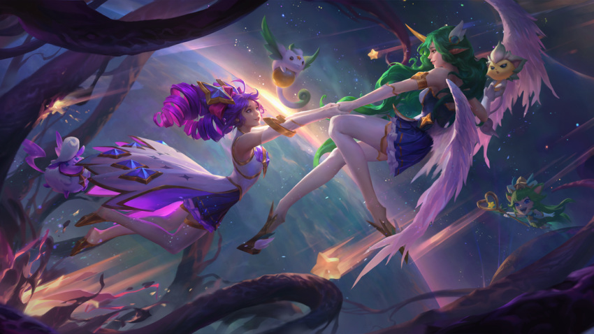 3girls armlet arms_up artist_request bangs blue_dress bow dress drill_hair elbow_gloves eye_contact flying frilled_dress frills from_side gloves green_hair green_skirt gwen_(league_of_legends) hair_bow hair_ornament high_heels holding holding_hands holding_staff legends_of_runeterra little_legend long_hair looking_at_another lulu_(league_of_legends) multiple_girls planet red_bow sheep shoes skirt smile soraka_(league_of_legends) space staff star_(symbol) star_guardian_(league_of_legends) star_guardian_gwen star_guardian_lulu star_guardian_soraka star_hair_ornament thigh-highs twin_drills twintails white_dress white_gloves white_thighhighs wings yordle