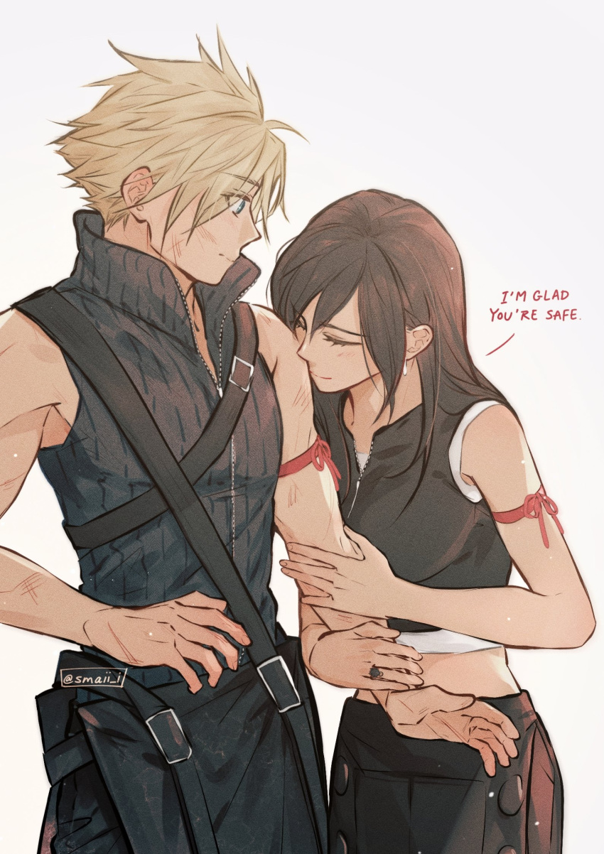 1boy 1girl apron arm_hug arm_ribbon bangs bare_shoulders belt black_hair blonde_hair bruise cloud_strife couple crop_top earrings english_text final_fantasy final_fantasy_vii final_fantasy_vii_advent_children high_collar highres holding_another's_arm injury jewelry long_hair looking_at_viewer maiii_(smaii_i) ribbon ring simple_background spiky_hair text_focus tifa_lockhart waist_apron