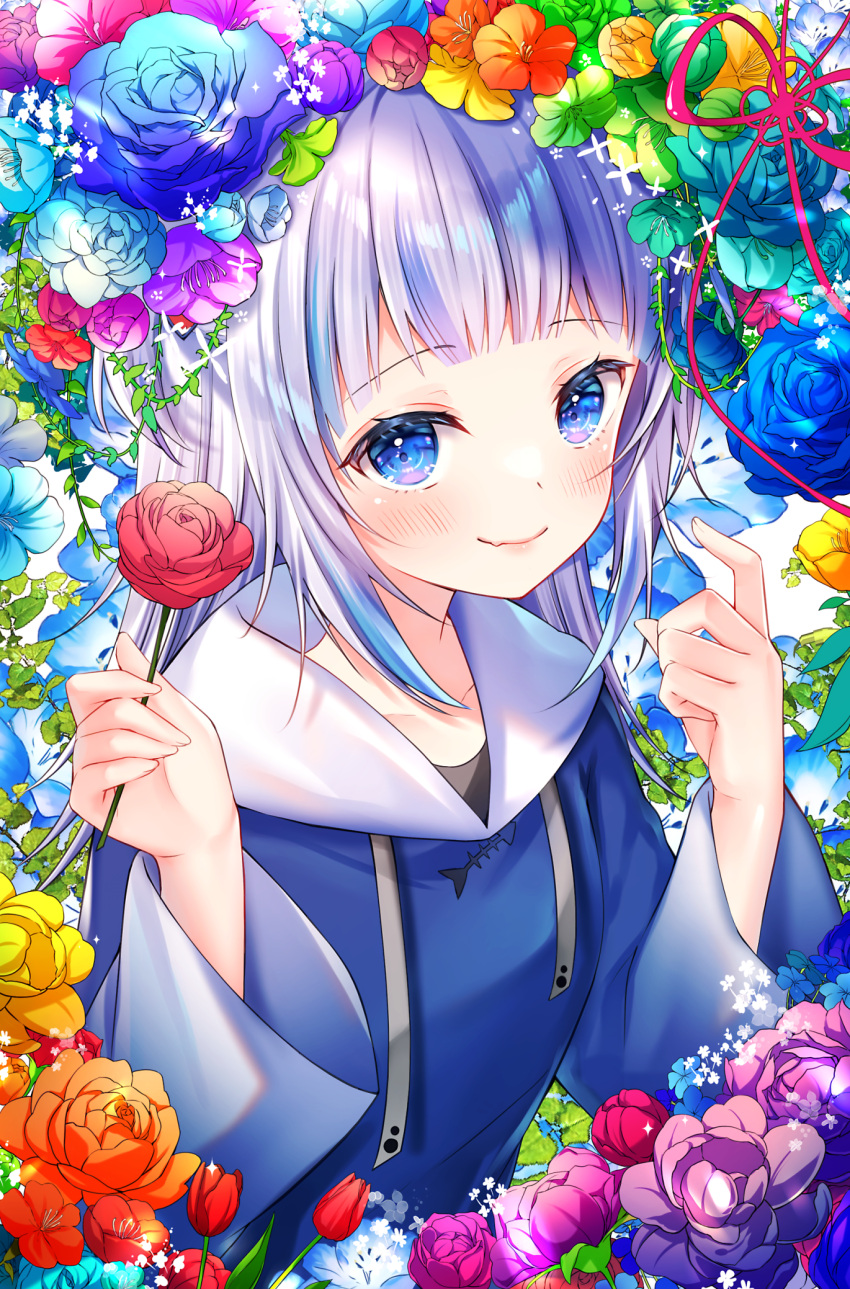 1girl blue_eyes blush commentary_request fang flower flower_request gawr_gura grey_hair haruhitooo highres holding holding_flower hololive hololive_english long_hair long_sleeves looking_at_viewer red_flower red_rose rose skin_fang smile solo upper_body virtual_youtuber