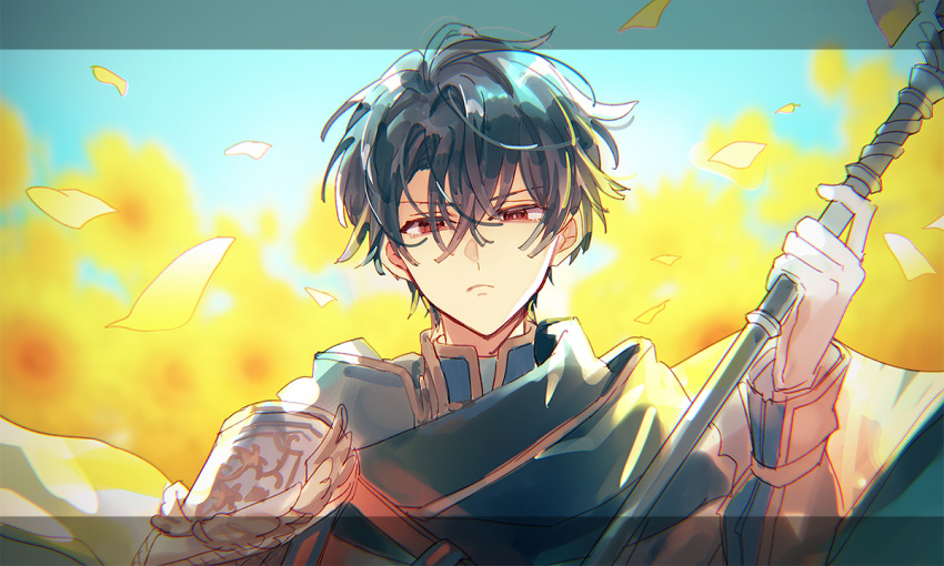 1boy black_hair blue_background cape closed_mouth frown holding holding_weapon long_sleeves looking_at_viewer mahoutsukai_no_yakusoku male_focus multicolored_background naruta_iyo red_eyes scythe shino_sherwood short_hair solo weapon yellow_background