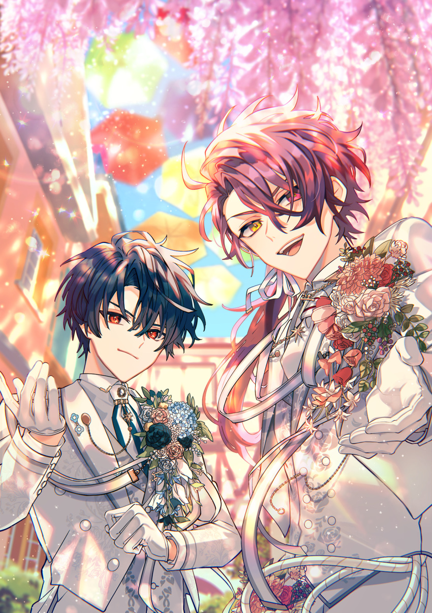 2boys black_hair bouquet cain_knightley closed_mouth formal heterochromia highres long_hair looking_at_viewer mahoutsukai_no_yakusoku male_focus multiple_boys naruta_iyo open_mouth ponytail red_eyes redhead shino_sherwood short_hair smile suit teeth yellow_eyes