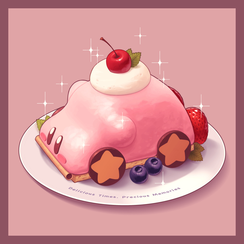 5health absurdres blueberry car_mouth cherry cream food food_focus fruit highres kirby kirby_(series) kirby_and_the_forgotten_land kirby_cafe mint no_humans pink_background plate simple_background sparkle star_(symbol) strawberry