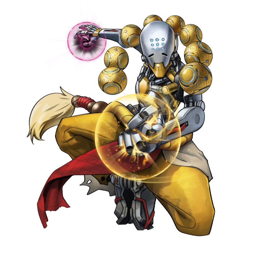 baggy_pants bead_necklace beads floating jewelry light light_rays loincloth looking_at_viewer necklace no_shirt orb overwatch pants robot shadow simple_background tonysaurus torn_clothes white_background wire zenyatta_(overwatch)