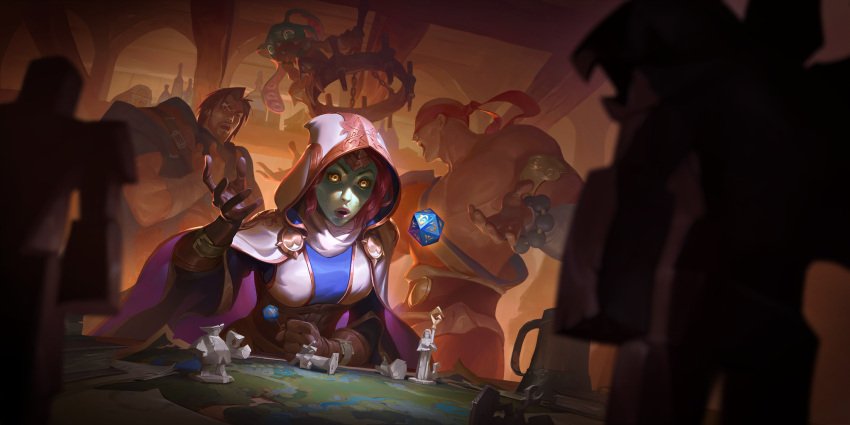 1girl 3boys alcohol alternate_costume arguing armband bald bandages bar bead_bracelet beads beard belt biceps blindfold blue_skin bottle bracelet chandelier clenched_hand cloak colored_skin dice dress envar facial_hair fizz_(league_of_legends) fizz_finslayer garen_(league_of_legends) gloves green_eyes green_skin highres hood hooded_cloak hoodie jewelry league_of_legends lee_sin legends_of_runeterra looking_to_the_side mask monk_lee multiple_boys muscular muscular_male nami_(league_of_legends) official_art open_mouth pectorals playing redhead rugged_garen short_hair table teeth toga wine wine_bottle wood wooden_table yellow_eyes