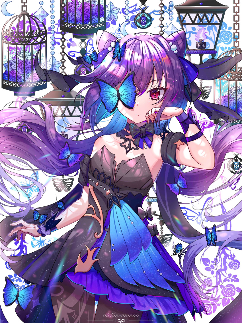 1girl absurdres armpits bangs bug butterfly collarbone commentary_request cone_hair_bun detached_sleeves dojo dress genshin_impact hair_between_eyes hair_bun hair_ornament highres keqing_(genshin_impact) keqing_(opulent_splendor)_(genshin_impact) long_hair looking_at_viewer official_alternate_costume one_eye_covered purple_hair short_sleeves sidelocks solo strapless strapless_dress twintails viclim-monou violet_eyes