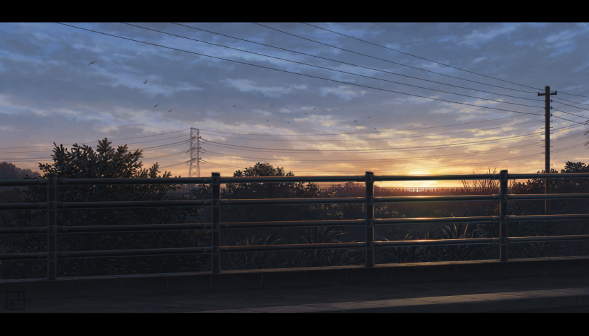 akafune clouds cloudy_sky commentary_request dusk highres letterboxed no_humans original outdoors power_lines railing road scenery sky sun sunset transmission_tower tree utility_pole