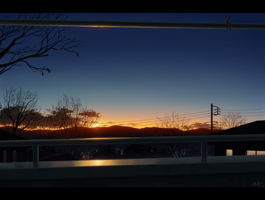 akafune building commentary_request evening house letterboxed mountain no_humans original outdoors power_lines railing scenery tree utility_pole