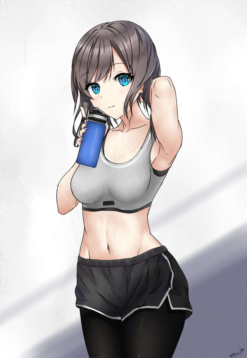 1girl absurdres arm_up armpits bangs blue_eyes bottle breasts collarbone fingernails grey_hair highres holding holding_bottle looking_at_viewer navel original ryuudg shadow short_hair short_shorts shorts signature simple_background small_breasts smile sports_bra sportswear stomach sweat thigh-highs water_bottle white_background