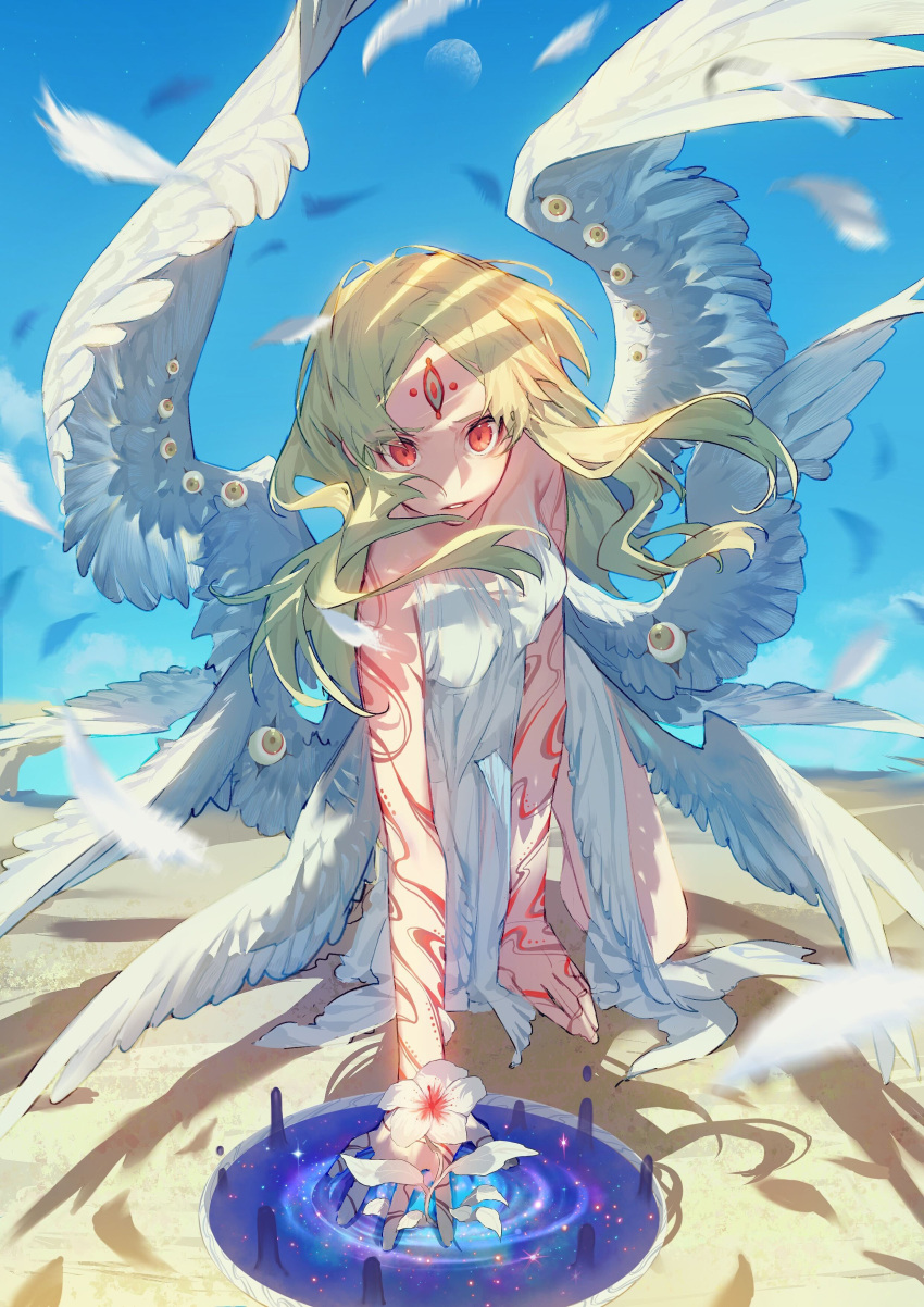 1girl absurdres angel angel_wings arm_tattoo blue_sky blurry blurry_foreground brown_eyes clouds desert dress extra_eyes facial_mark feathers flower forehead_mark galaxy green_hair hand_tattoo highres long_hair looking_at_viewer low_wings multiple_wings original outdoors parted_lips portal_(object) red_eyes sand shoulder_tattoo sky solo soono_(rlagpfl) space star_(sky) starry_sky tattoo teeth third_eye white_dress white_flower wind wings