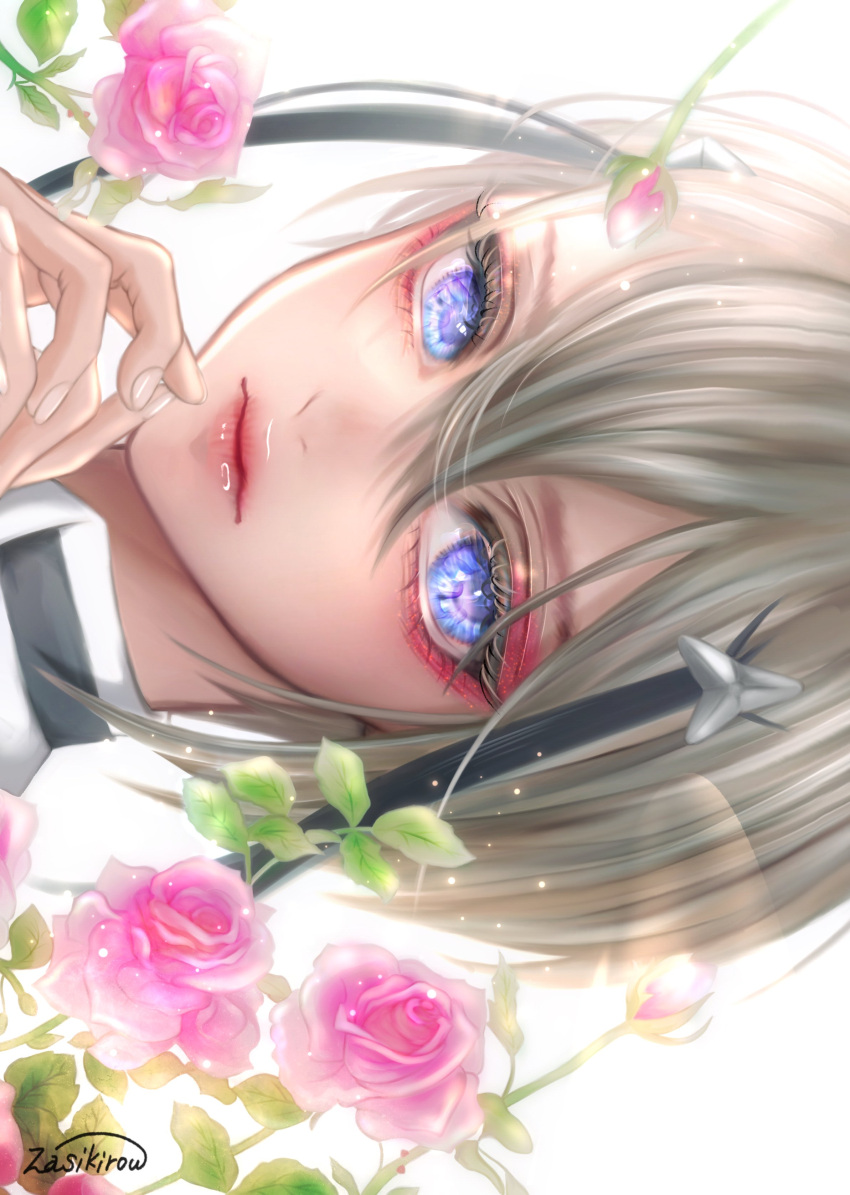 1boy absurdres androgynous black_hair blonde_hair blue_eyes closed_mouth exif_rotation flower highres hyuuga_masamune looking_at_viewer male_focus multicolored_hair pink_flower pink_rose rose short_hair solo touken_ranbu white_background zasikirou