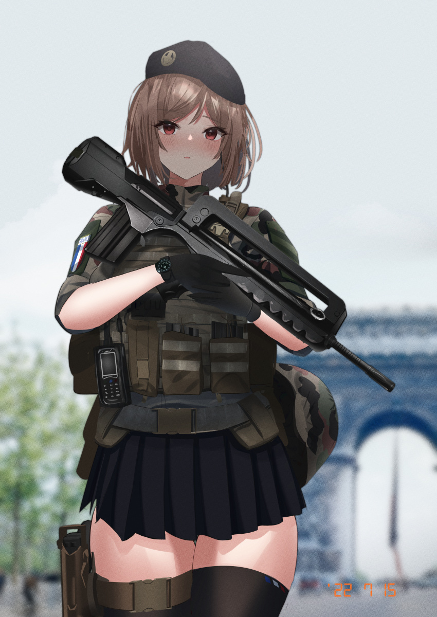 1girl absurdres arc_de_triomphe assault_rifle beret black_gloves black_headwear black_skirt black_thighhighs blurry blurry_background brown_hair bulletproof_vest bullpup cowboy_shot eiffel_tower famas france gloves gun hat highres holding holding_gun holding_weapon landmark load_bearing_equipment load_bearing_vest magazine_(weapon) military miniskirt original outdoors paris pleated_skirt red_eyes rifle rynn_(rynn_cube) short_hair skirt standing tactical_clothes thigh-highs thigh_strap walkie-talkie weapon