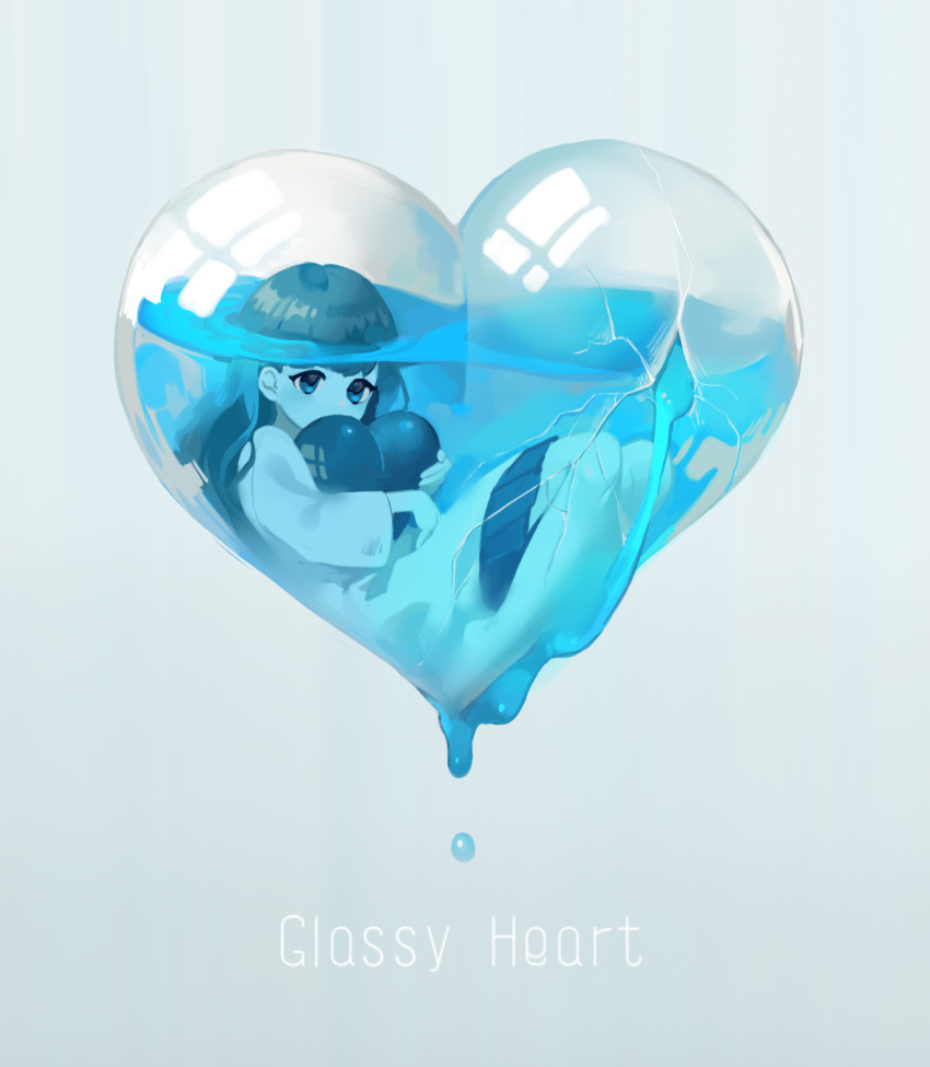 1girl bangs barefoot blue_theme broken_glass broken_heart brown_hair covered_mouth crack english_text glass grey_background harrymiao heart highres holding holding_heart in_container leaking long_hair long_sleeves looking_at_viewer miniskirt original partially_submerged pleated_skirt reflection shirt skirt solo water white_shirt