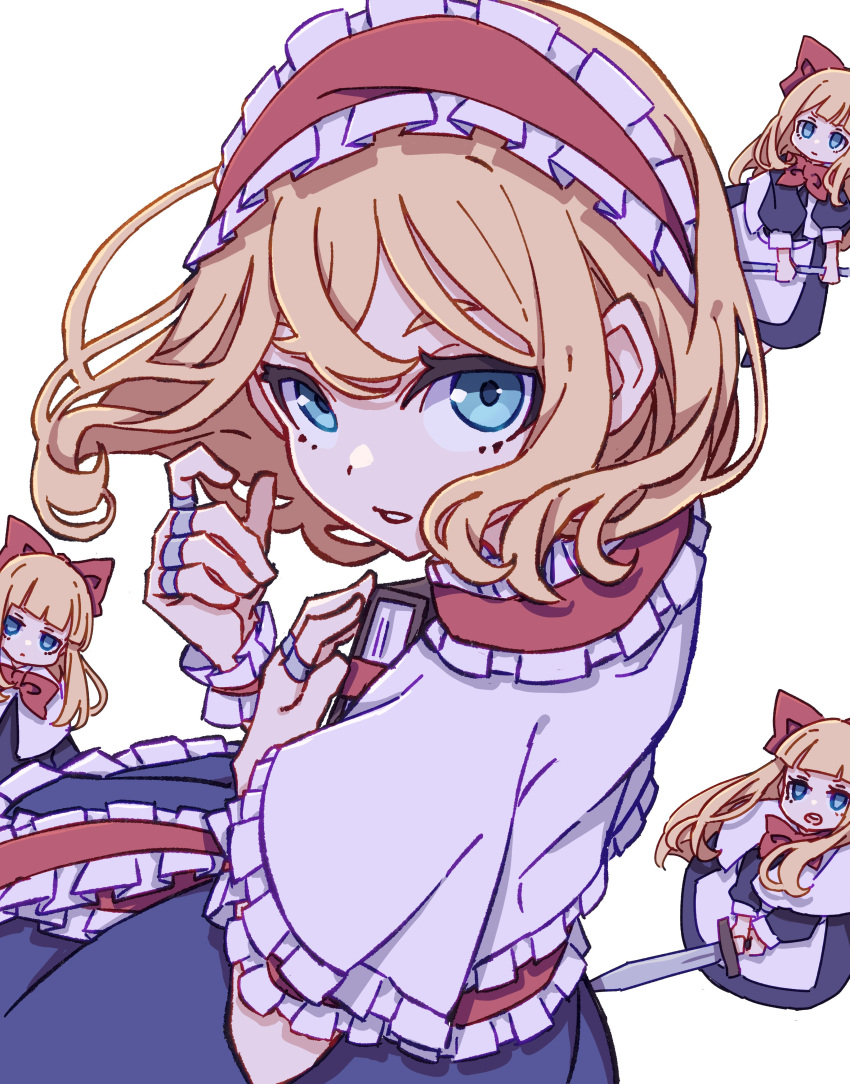 absurdres alice_margatroid apron ascot blonde_hair blue_dress blue_eyes boots bow brown_footwear capelet cross-laced_footwear doll dress frilled_ascot frilled_dress frilled_hairband frills grimoire_of_alice hair_bow hairband highres jewelry kame_(kamepan44231) lolita_hairband medium_hair minigirl puffy_short_sleeves puffy_sleeves puppet_rings red_ascot red_hairband ring shanghai_doll short_sleeves simple_background sword touhou waist_apron weapon white_background white_capelet yellow_eyes