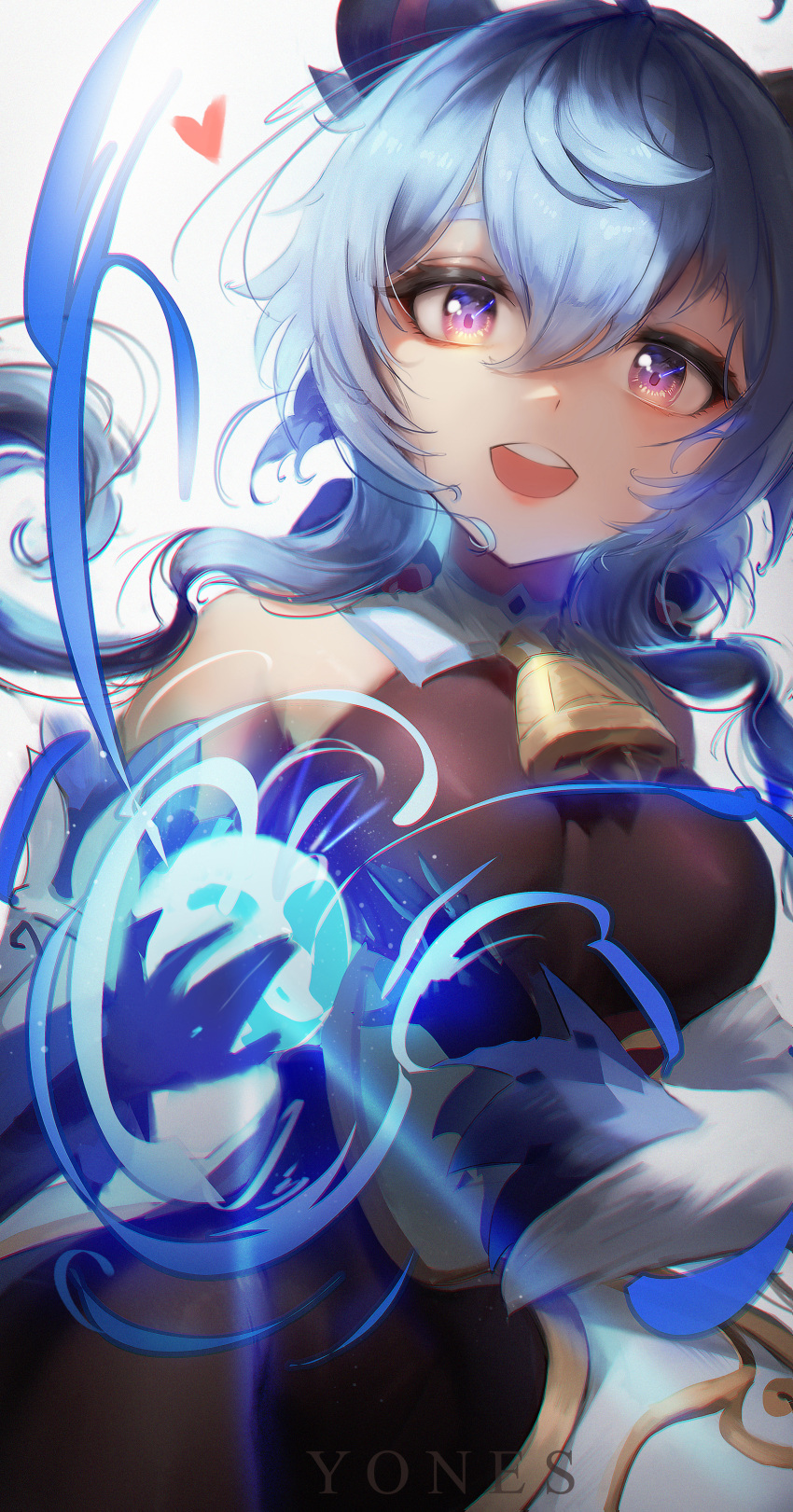 1girl absurdres bangs bare_shoulders bell black_gloves blue_hair breasts detached_sleeves ganyu_(genshin_impact) genshin_impact gloves gold_trim heart highres horns long_hair looking_at_viewer magic medium_breasts neck_bell open_mouth orb smile solo violet_eyes white_sleeves yonesdraws