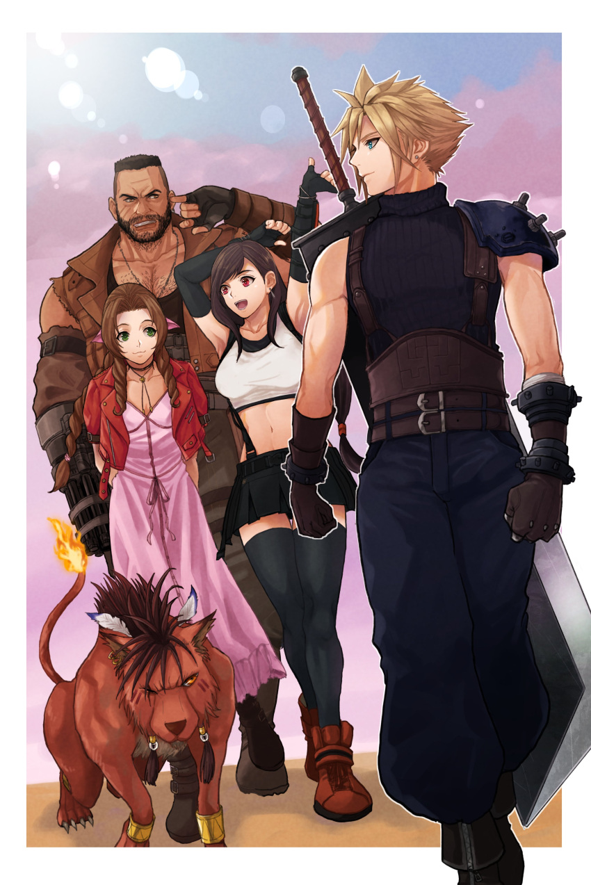 2girls 3boys absurdres aerith_gainsborough armor arms_behind_back bangle barret_wallace beard beckey9415 belt black_hair black_thighhighs blonde_hair blue_eyes blue_pants blue_shirt boots border bracelet braid braided_ponytail breasts brown_eyes brown_hair brown_vest buster_sword choker cloud_strife cropped_jacket dress earrings elbow_gloves everyone facial_hair feathers final_fantasy final_fantasy_vii final_fantasy_vii_remake finger_in_ear fingerless_gloves flame-tipped_tail gloves green_eyes gun hair_ribbon highres jacket jewelry large_breasts lens_flare long_dress long_hair looking_back low-tied_long_hair midriff multiple_belts multiple_boys multiple_girls navel necklace one_eye_closed pants pink_dress pink_ribbon prosthesis red_eyes red_jacket red_xiii ribbon scar scar_on_cheek scar_on_face shirt short_hair short_sleeves shoulder_armor single_earring skirt sleeveless sleeveless_turtleneck spiky_hair sports_bra square_enix stretching suspender_skirt suspenders tail thigh-highs tifa_lockhart torn_clothes torn_sleeves turtleneck very_short_hair vest walking wavy_hair weapon weapon_on_back yellow_eyes
