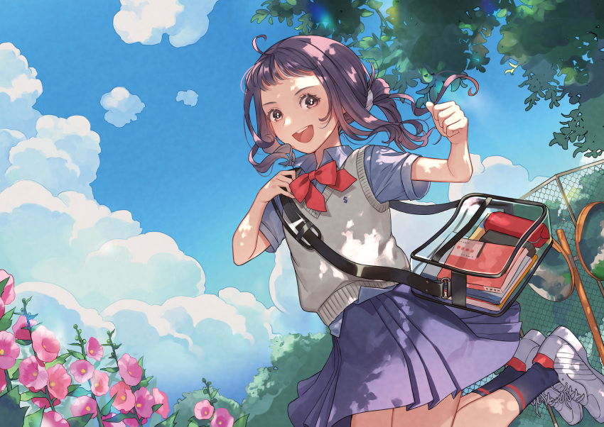 1girl :d ahoge bag bangs black_skirt black_socks blue_sky book bow bowtie bright_pupils brown_eyes brown_hair cherico clenched_hand clouds cloudy_sky collared_shirt commentary_request curly_hair dappled_sunlight day fence flower grey_shirt grey_sweater hair_tie hands_up high_collar highres jumping looking_at_viewer miniskirt open_mouth original outdoors pencil_case pink_flower pleated_skirt red_bow red_bowtie school_bag school_uniform shirt shoes short_ponytail short_sleeves skirt sky smile sneakers socks solo sunlight sweater sweater_vest teeth traffic_mirror transparent_bag tree upper_teeth white_footwear white_pupils
