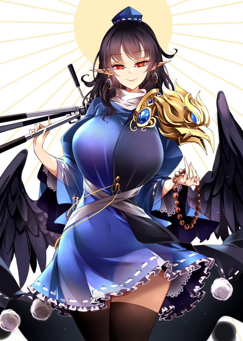 1girl absurdres bird_wings black_coat black_hair black_thighhighs black_wings blue_dress blue_headwear breasts closed_mouth coat cowboy_shot dress earrings feathered_wings frilled_dress frills hat highres holding holding_tripod iizunamaru_megumu jewelry large_breasts long_hair long_sleeves pointy_ears pom_pom_(clothes) raptor7 red_eyes shoulder_guard sleeveless sleeveless_coat smile solo thigh-highs tokin_hat touhou tripod wings