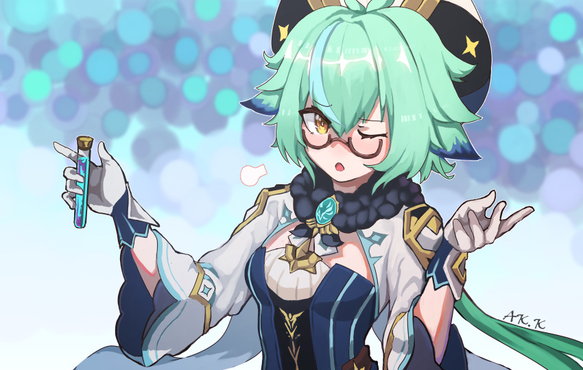 1girl absurdres animal_ears bangs cape cat_ears commentary_request flask genshin_impact glasses gloves green_hair hair_between_eyes hat highres holding long_hair long_sleeves looking_at_viewer low_ponytail multicolored_hair one_eye_closed parted_lips pureakuma semi-rimless_eyewear sidelocks simple_background solo streaked_hair sucrose_(genshin_impact) two-tone_hair vision_(genshin_impact) white_gloves yellow_eyes