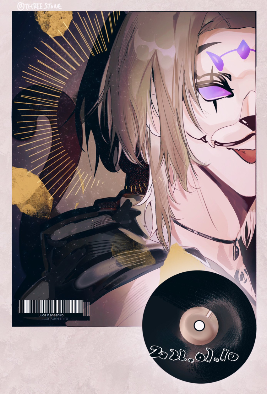 1boy black_choker black_jacket blonde_hair chinese_commentary choker dated grey_shirt highres jacket jacket_on_shoulders luca_kaneshiro male_focus mask nijisanji nijisanji_en phony_(cevio) polaroid shirt solo three_stone tongue tongue_out virtual_youtuber