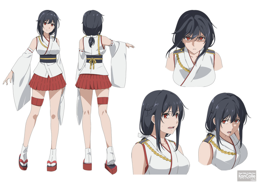 1girl bare_shoulders black_hair blush breasts detached_sleeves eyebrows_visible_through_hair floral_print gradient gradient_background hair_ornament hair_ribbon highres japanese_clothes kantai_collection large_breasts nontraditional_miko official_art red_eyes remodel_(kantai_collection) ribbon short_hair signature solo upper_body wide_sleeves yamashiro_(kancolle) yamashiro_(kantai_collection) yamashiro_kai_ni_(kancolle)