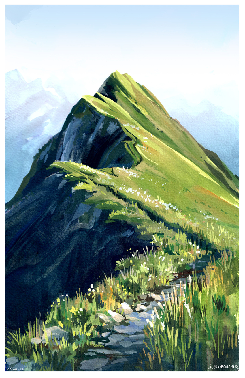 artist_name blue_sky border commentary dated day english_commentary flower grass highres landscape lilblueorchid mountain mountainous_horizon mountaintop nature no_humans original outdoors path peak photo-referenced rock scenery sky switzerland white_border white_flower