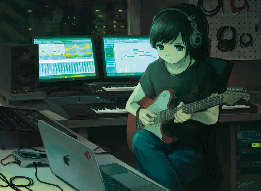 1girl apple_inc. black_hair commentary computer denim electric_guitar fender_telecaster guitar headphones indoors instrument jeans kensight328 keyboard_(instrument) laptop mixing_console music night original pants playing_instrument revision shirt short_hair sitting solo speaker t-shirt