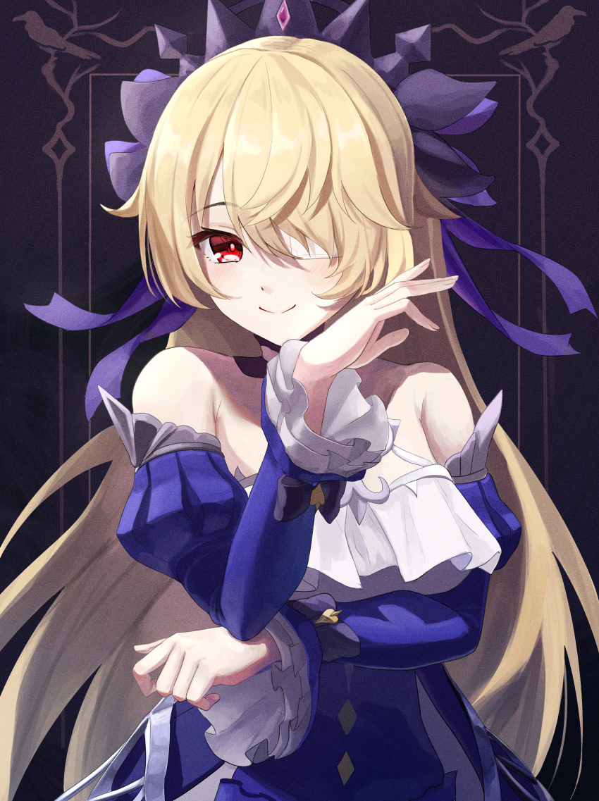 1girl absurdres bangs bare_shoulders blonde_hair blue_dress choker closed_mouth dress eyepatch fischl_(ein_immernachtstraum)_(genshin_impact) fischl_(genshin_impact) frilled_sleeves frills genshin_impact hair_over_one_eye hair_ribbon hand_up highres jin_lia juliet_sleeves long_hair long_sleeves looking_at_viewer official_alternate_costume one_eye_covered puffy_long_sleeves puffy_sleeves purple_background purple_ribbon red_eyes ribbon smile solo straight_hair swept_bangs tiara upper_body