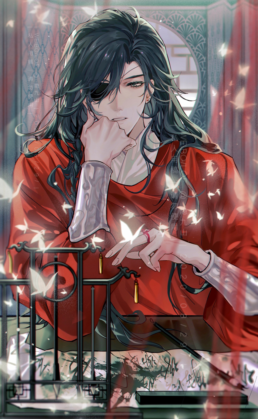 1boy absurdres architecture bishounen black_hair braid bug butterfly butterfly_necklace chinese_clothes earrings east_asian_architecture eyepatch film_grain glowing_butterfly hair_over_shoulder highres hua_cheng jewelry long_hair long_sleeves male_focus shiyangtacit single_braid solo sparkle string string_of_fate tian_guan_ci_fu white_butterfly wide_sleeves