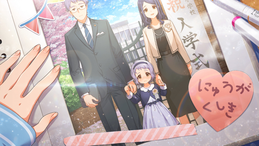 1boy 2girls blush cherry_blossoms dark_blue_hair entrance_ceremony falling_petals family father_and_daughter formal heart_stickers holding_hands idolmaster idolmaster_million_live! idolmaster_million_live!_theater_days lens_flare light_purple_hair light_smile makabe_mizuki marker mother_and_daughter multiple_girls official_art outdoors petals photo_(object) photo_album pov pov_hands suit younger