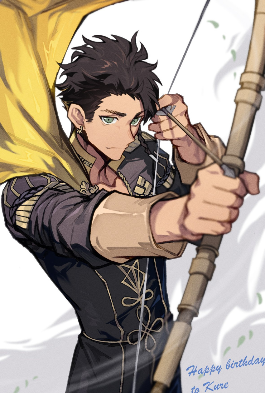 1boy aiming aiming_at_viewer black_hair bow_(weapon) braid cape claude_von_riegan closed_mouth dark-skinned_male dark_skin earrings falling_leaves fire_emblem fire_emblem:_three_houses garreg_mach_monastery_uniform green_eyes happy_birthday highres holding jewelry leaf long_hair long_sleeves male_focus patient_zero short_hair smile weapon