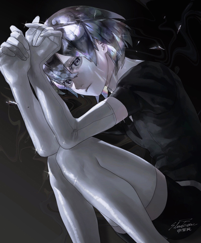 1other bangs black_shirt collared_shirt colored_eyelashes colored_skin diamond_(houseki_no_kuni) elbow_gloves expressionless fetal_position gloves grey_eyes grey_hair hair_between_eyes highres houseki_no_kuni k041800 light_particles light_rays looking_at_viewer lying necktie on_side puffy_sleeves shards shirt short_hair shorts solo sparkle thigh-highs white_gloves white_shirt white_skin