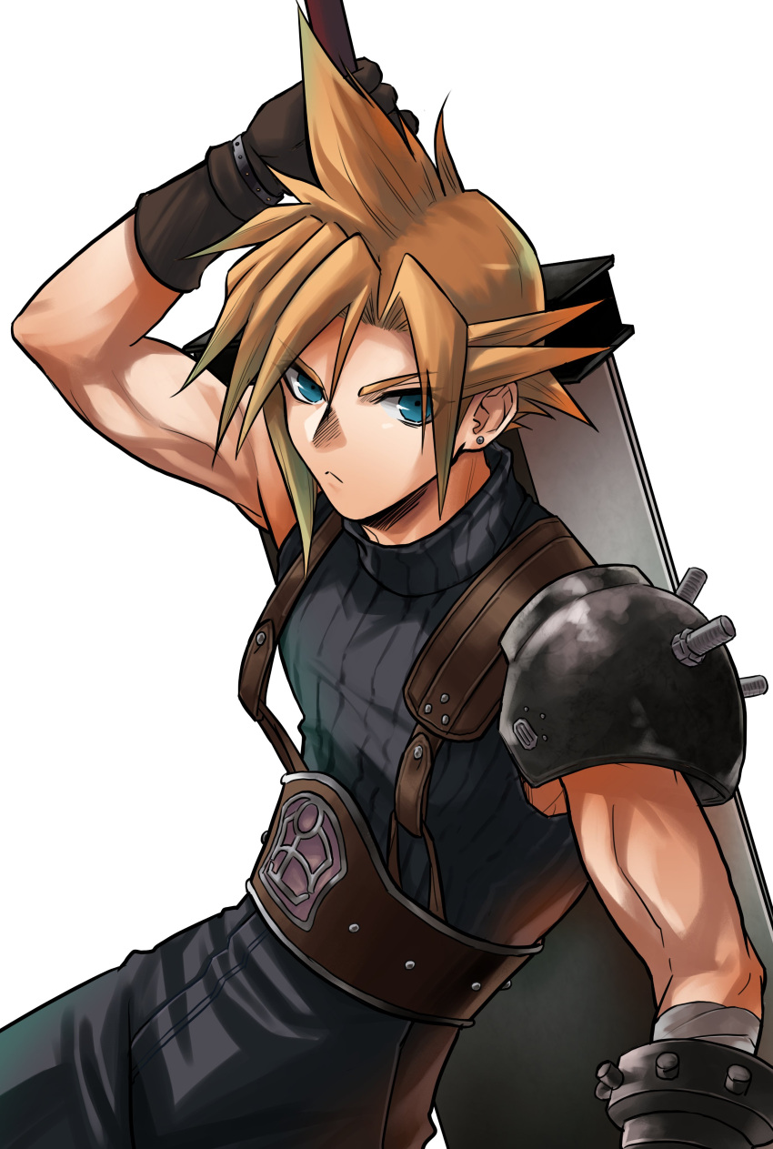 1boy absurdres bandaged_arm bandages bangs beckey9415 belt blonde_hair blue_eyes blue_pants blue_shirt buster_sword cloud_strife earrings final_fantasy final_fantasy_vii frown gloves hair_between_eyes highres holding holding_sword holding_weapon jewelry male_focus muscular muscular_male pants parted_bangs shirt short_hair single_earring solo spiky_hair suspenders sword upper_body weapon weapon_on_back white_background