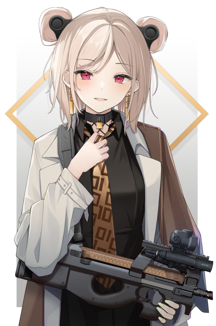 1girl absurdres adjusting_clothes adjusting_necktie blush bullpup choker commission double_bun earrings girls_frontline gun hair_bun highres inor2i jewelry light_brown_hair looking_at_viewer necktie open_mouth p90 p90_(girls'_frontline) p90_(the_girl_from_b.e.l)_(girls'_frontline) red_eyes skeb_commission smile solo submachine_gun upper_body weapon