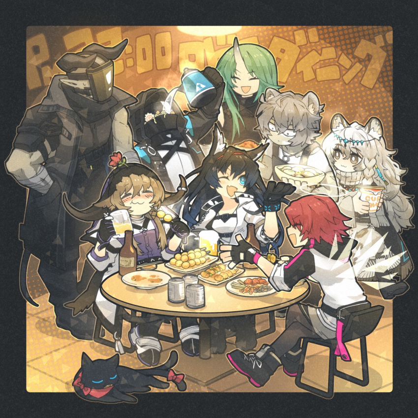1other 2boys 5girls :3 :d :t ;d ahoge animal_ears apron arknights bear_boy bear_ears beer_mug black_apron black_bracelet black_cape black_gloves black_hair black_jacket black_pants black_pantyhose black_shirt blaze_(arknights) blue_eyes blush bow bowl brown_hair can cape cat cat_ears cat_girl chair closed_eyes cow_ears cow_girl cow_horns crossed_legs cup dango demon_horns detached_wings doctor_(arknights) dress energy_wings exusiai_(arknights) fang fingerless_gloves food gloves green_hair grey_eyes grey_hair hair_between_eyes hairband halo hand_up hands_in_pockets hanging_light highres holding holding_bowl holding_cup holding_food holding_kettle hood hood_up hooded_shirt horn_ornament horn_ring horns hoshiguma_(arknights) infection_monitor_(arknights) jacket jaye_(arknights) kamaboko kettle leopard_ears leopard_girl leopard_tail long_hair long_sleeves mask morini_ochiteru mug multiple_boys multiple_girls multiple_tails narutomaki one_eye_closed oni_horns open_clothes open_jacket open_mouth pallas_(arknights) pants pantyhose plate pramanix_(arknights) purple_shirt ramen red_bow red_hairband redhead sarkaz_bodyguard_(arknights) shirt short_hair single_horn sitting skewer skin-covered_horns skin_fang sleeves_past_elbows smile table tail tail_bow tail_ornament tiara translation_request two_tails wagashi white_dress white_jacket white_shirt wings